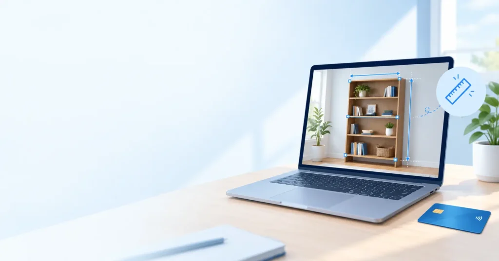 Free online image measurement tool showing distance lines drawn over a bookshelf photo on a laptop